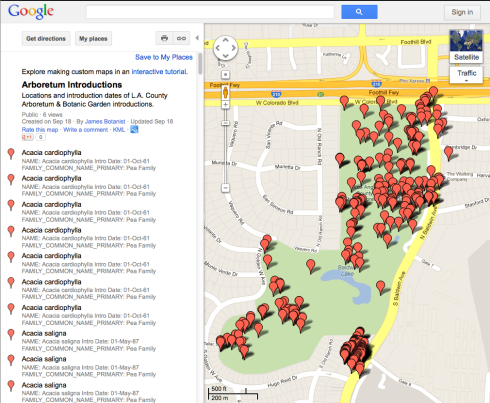Google map of the locations of Arboretum introductions