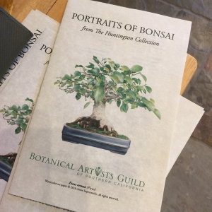 BAGSC handouts for "Portraits of Bonsai from The Huntington Collection." Cover image, Ficus retusa, watercolor on paper, © 2018 Anna Suprunenko. Brochure and photo by Olga Ryabtsova, © 2018.