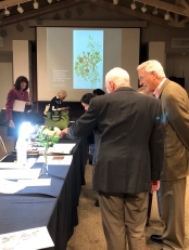 Guests viewing the botanical art demonstrations, with images from the ASBA Worldwide exhibition in the background.